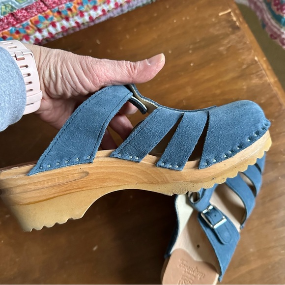 Troentorp Blue Suede Mary Jane Buckle Strap Clogs Sz 37/7 NWOB - Picture 2 of 5